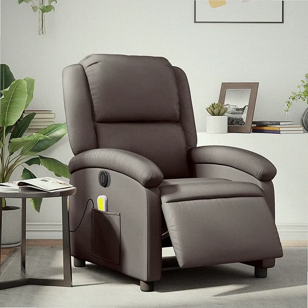 Electric Massage Recliner Chair Dark Brown Real Leather