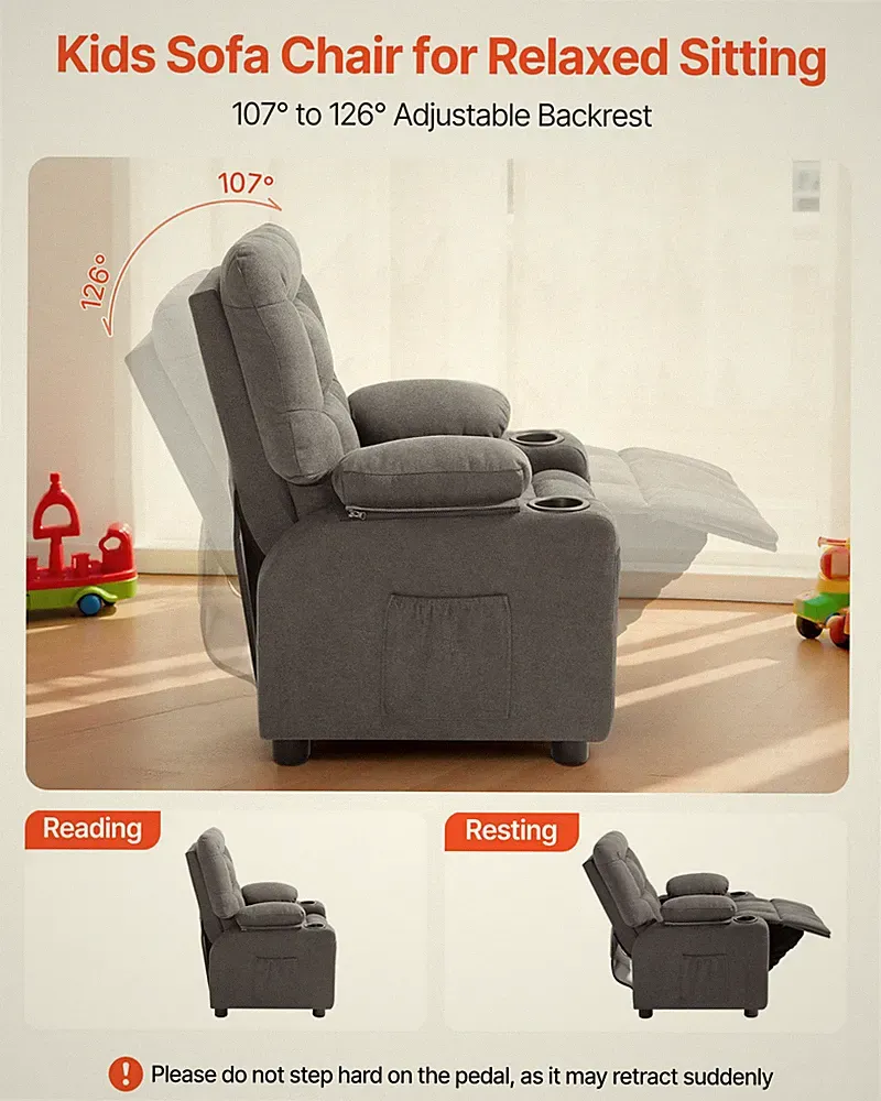 Kids Recliner Chair, Toddler Lounger with Cup Holders & Pockets, Children (Gray)