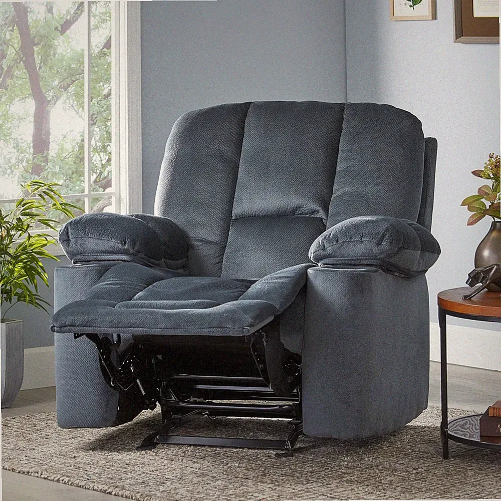 Luxurious Recliner Chair with Cup Holders, Durable Fabric, Silver Finish