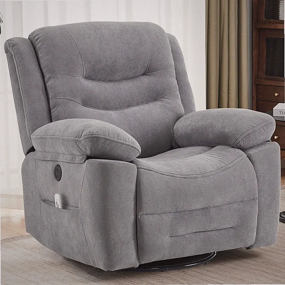 Misty Gray Power Recliner with Massage, Heat & USB Port - Overstuffed Comfort